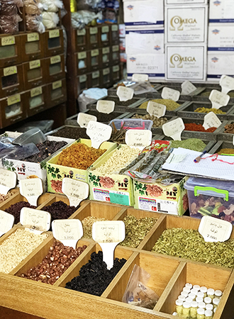 Variety of spices in a food market in Amman 